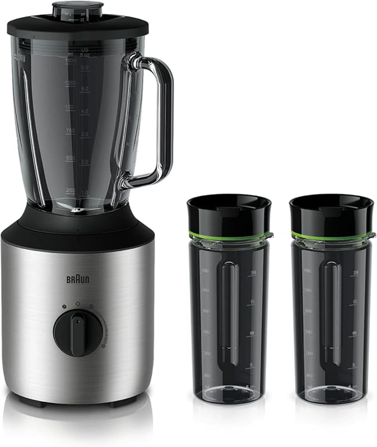 Braun Blender 800 W Variable speed dial and Pulse, 1.5 L Glass, With 2 Smoothie to go cups, Silver