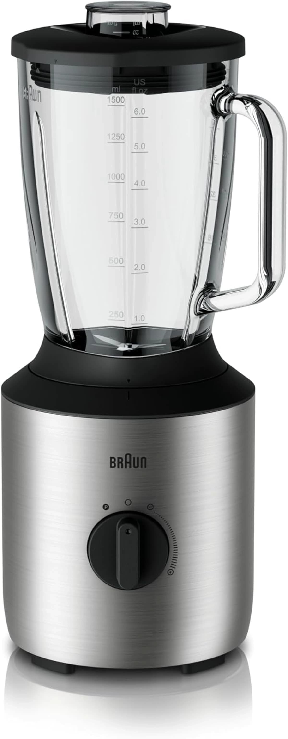 Braun Blender 800 W Variable speed dial and Pulse, 1.5 L Glass, With 2 Smoothie to go cups, Silver