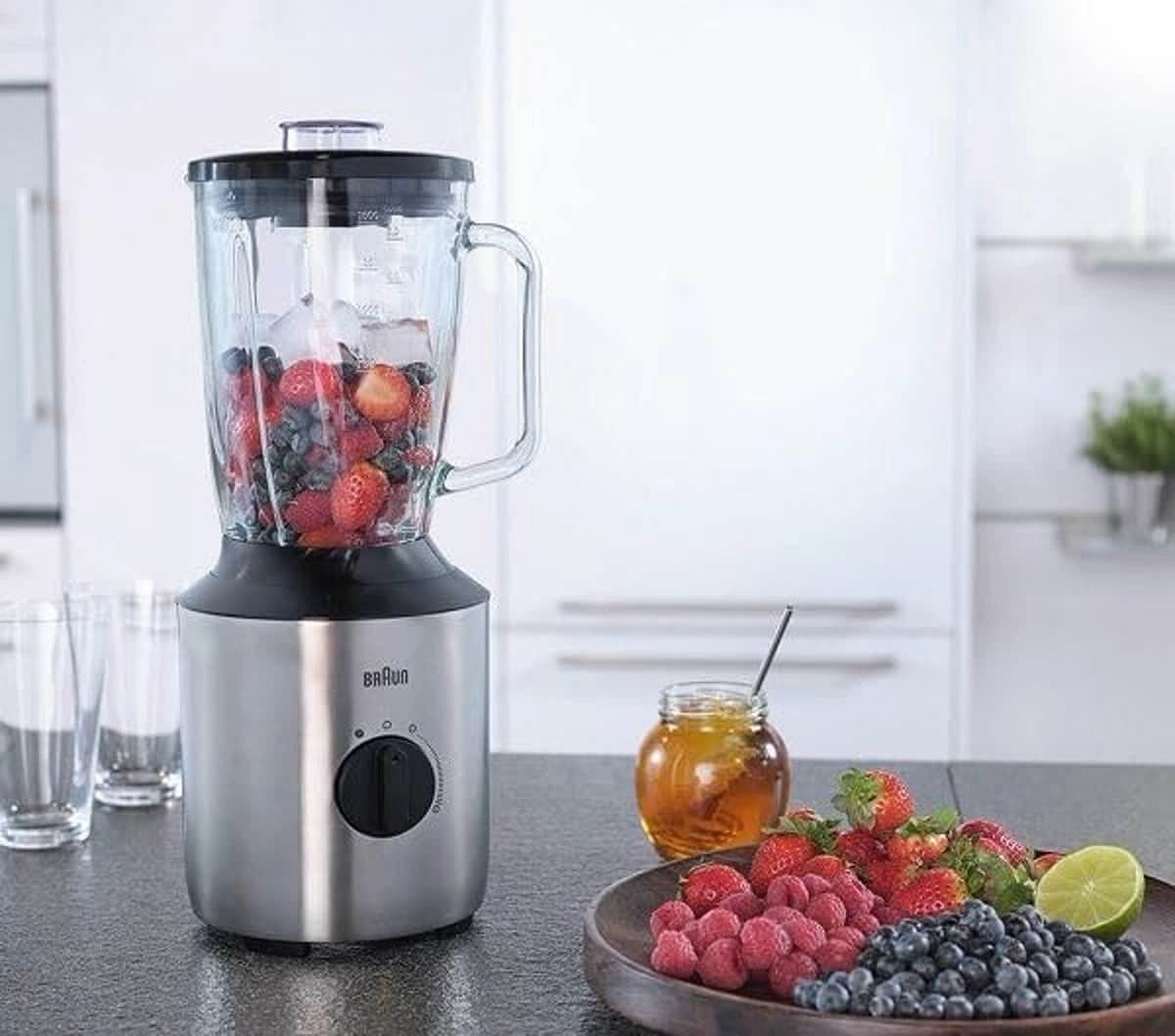 Braun PowerBlend Blender 800W 1.5L Glass Jug Variable Speed & Pulse with 2 Smoothie2Go Cups – Silver (JB3272SI)