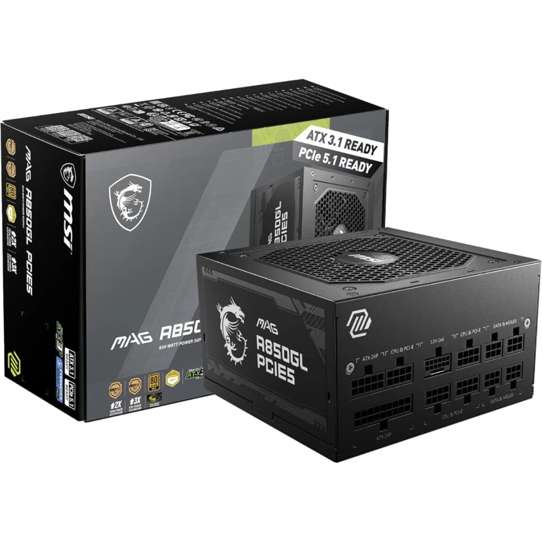MSI MAG A850GL PCIe 5.1 & ATX 3.1 Gaming Power Supply - Full Modular - 80 Plus Gold Certified 850W