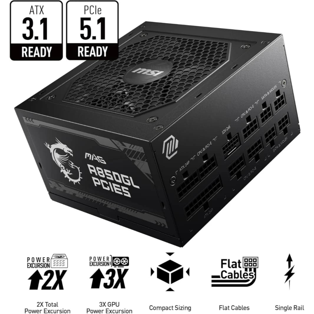MSI MAG A850GL PCIe 5.1 & ATX 3.1 Gaming Power Supply - Full Modular - 80 Plus Gold Certified 850W