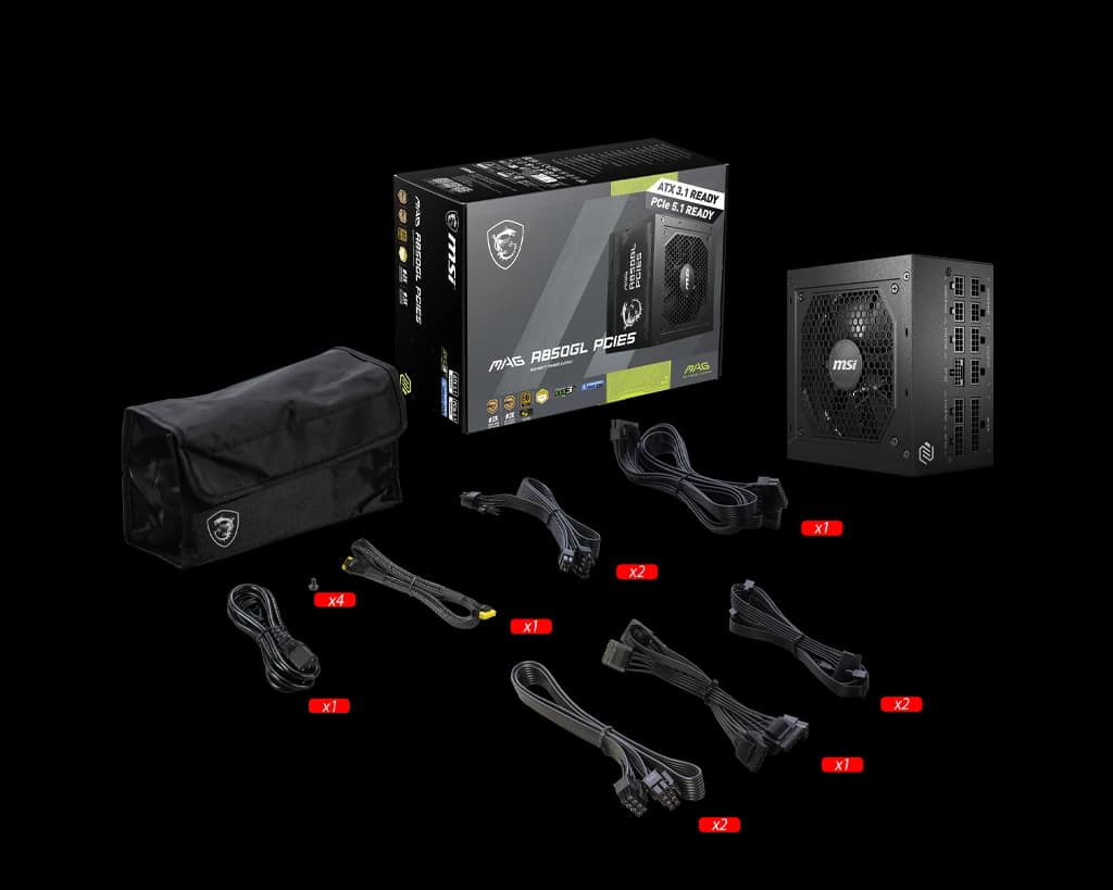 MSI MAG A850GL PCIe 5.1 & ATX 3.1 Gaming Power Supply - Full Modular - 80 Plus Gold Certified 850W