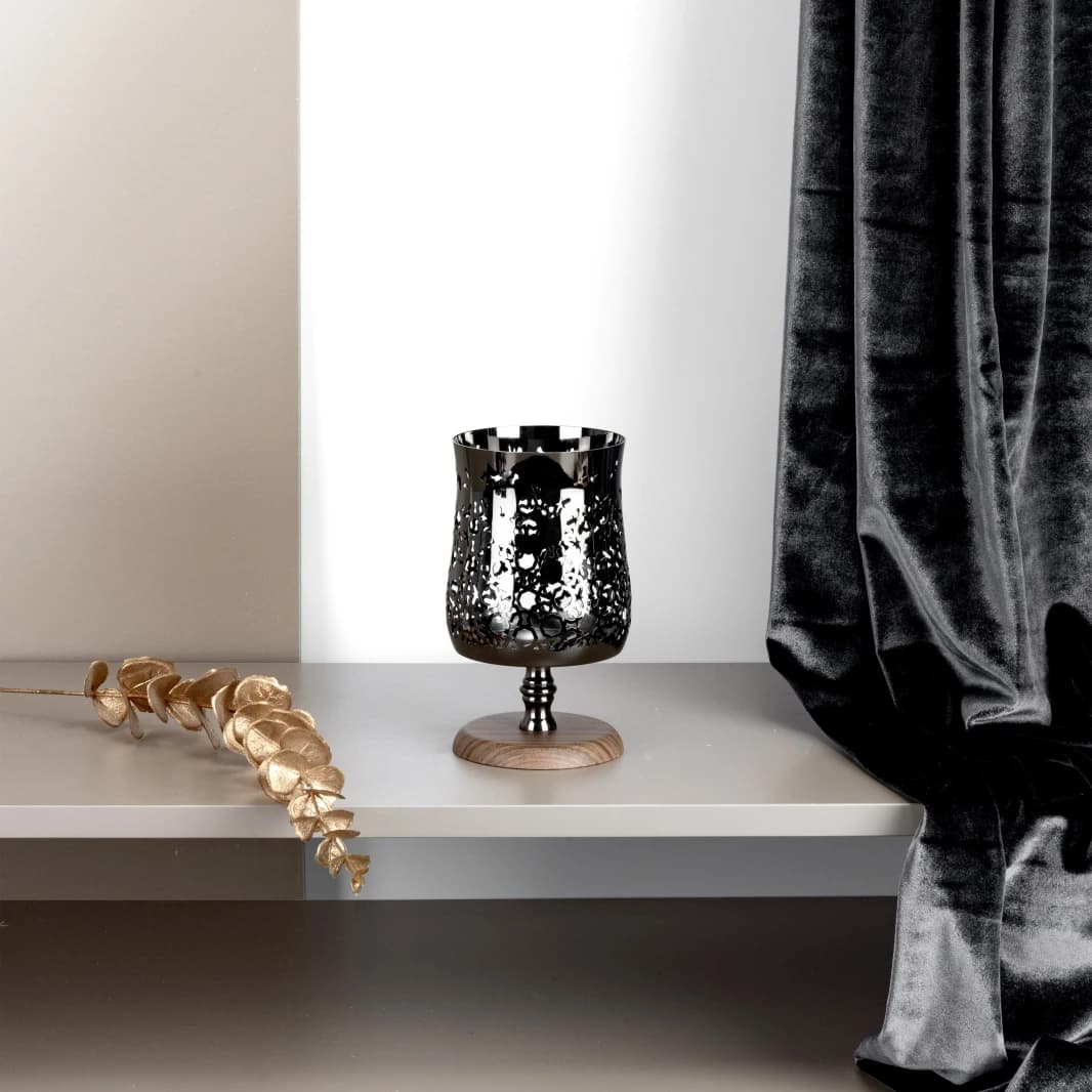Small Candle Holder by Noorhan - Glossy Black + Wooden