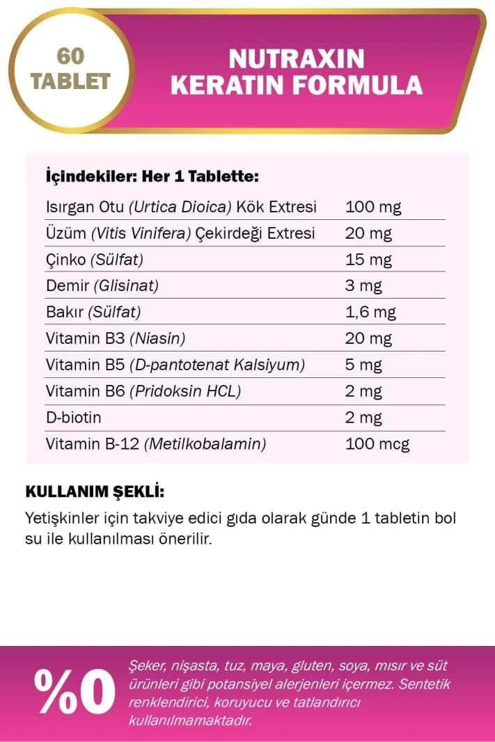 Nutraxin Keratin Formula for Hair, Skin, and Nails - 60 Tablets (Turkish Product)