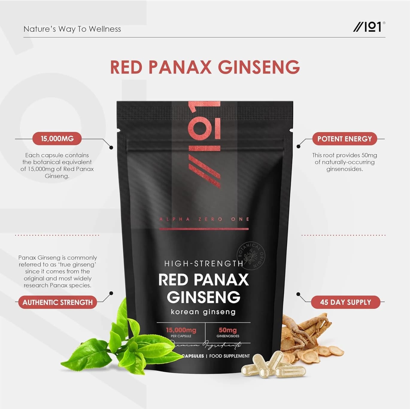 High Strength Korean Red Panax Ginseng Extract 250 mg (10% Ginsenoside) 90 Capsules