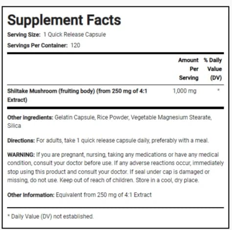 PipingRock Shiitake Mushroom Extract 1000 mg 120 Capsules (Non-GMO)