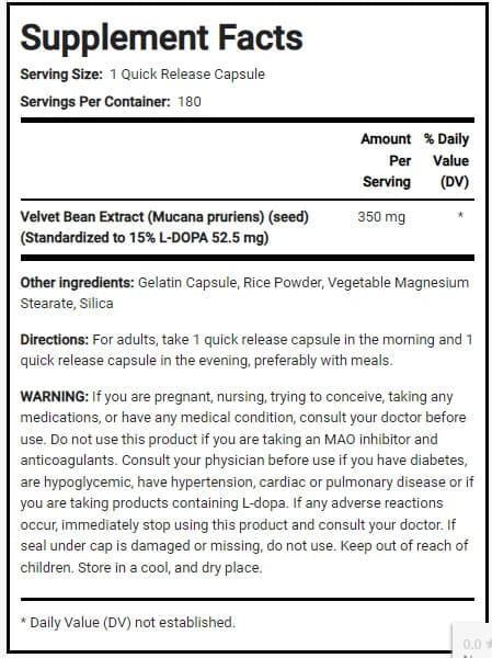 Mucuna Extract 350 mg 15% L-Dopa 180 Capsules PipingRock