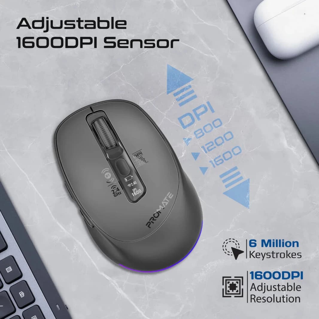Promate Blix 3m Computer Mouse with OLED Display, RGB Lighting