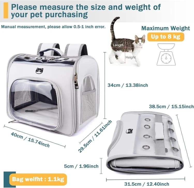 Cat Backpack with Window - Gray, Foldable, Well-Ventilated, Suitable for Cats and Small Dogs up to 8kg