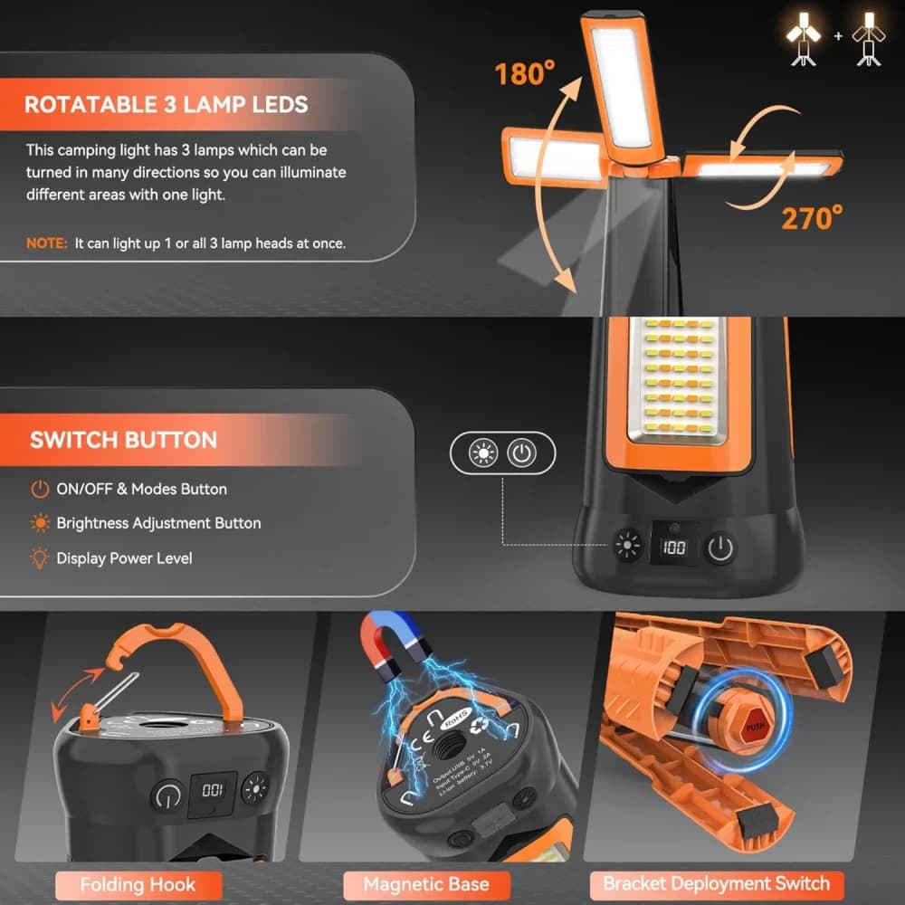 Phoetox Portable LED Camping Lantern – Rechargeable Magnetic Work Light