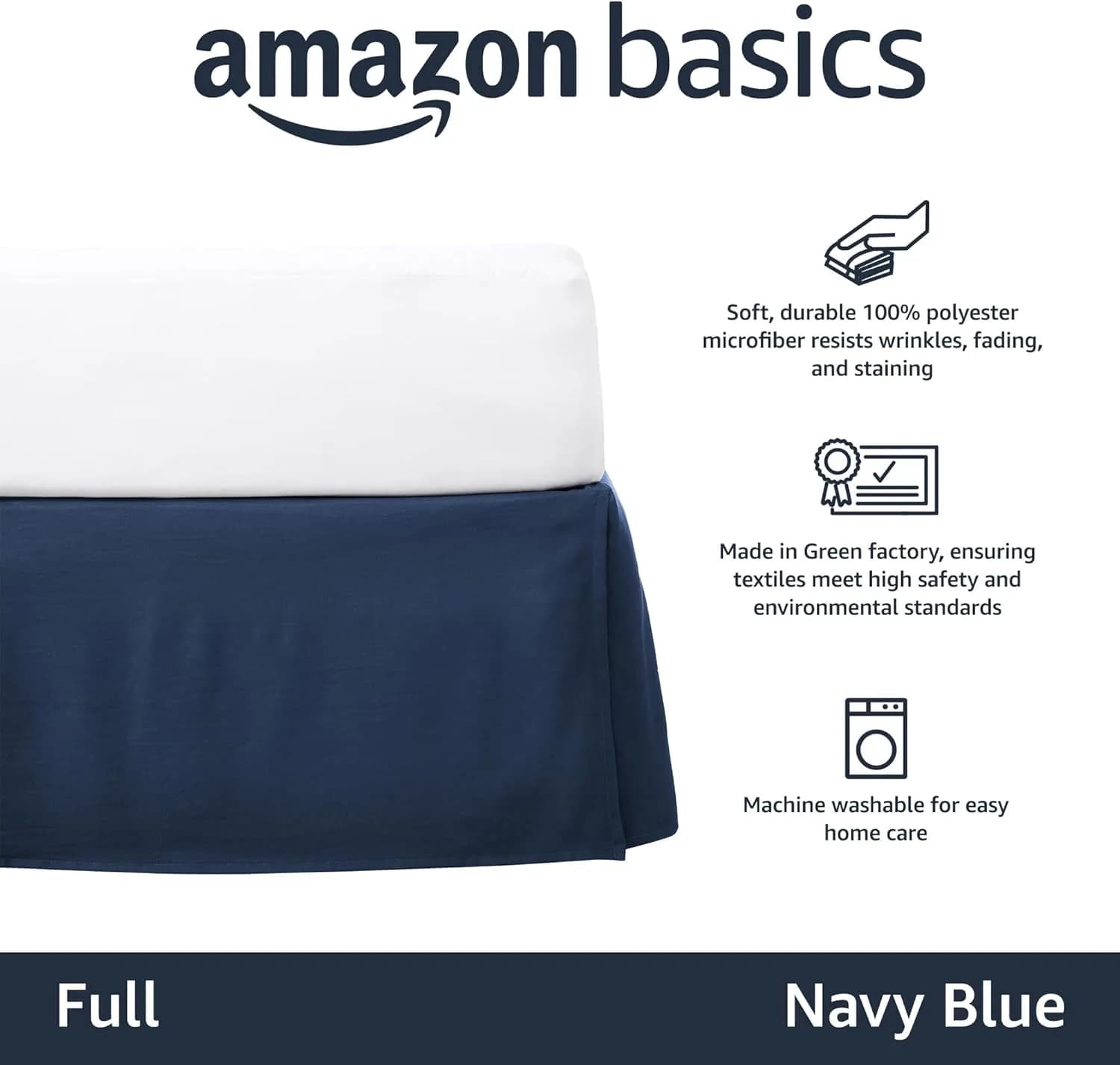 Amazon Basics Lightweight Pleated Bed Skirt, Full, Navy Blue