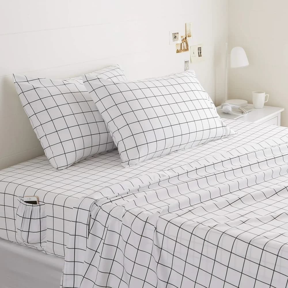 AmazonBasics College Dorm Microfiber Sheet Set with Elastic Pockets – Queen, Black Grid