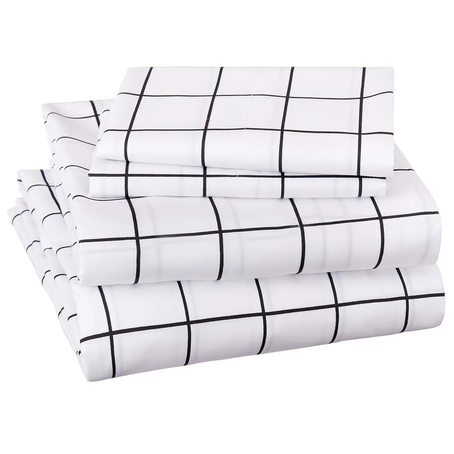AmazonBasics College Dorm Microfiber Sheet Set with Elastic Pockets – Queen, Black Grid
