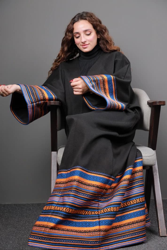 Orange and Black Embroidered Bisht