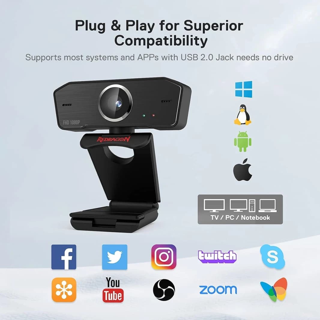 Redragon Gw800 1080p PC Webcam with Built-in Dual Microphone, 360° Rotation