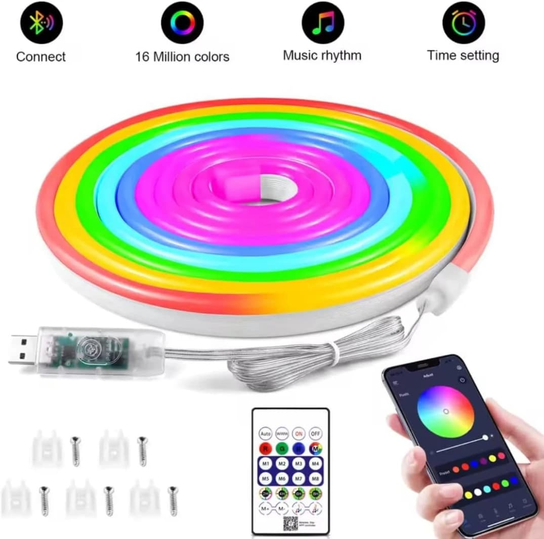 5M RGB-IC Neon LED Strip Light – 60+ Dynamic Lighting Effects, Smart Control, USB Powered