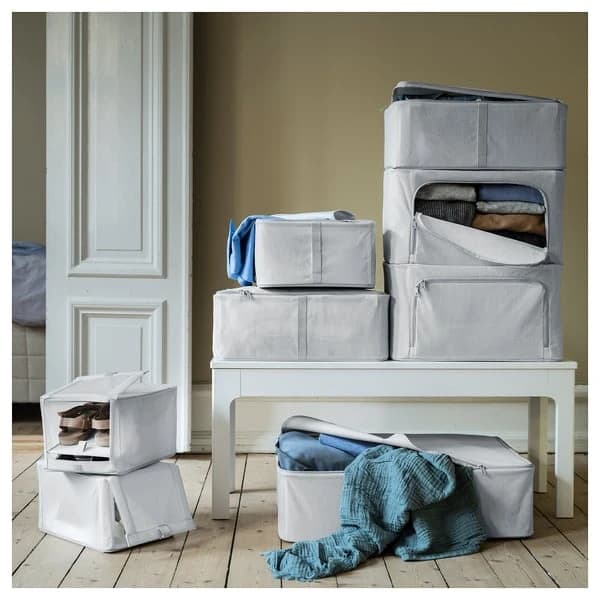 Storage case, fabric striped/white/grey, 69x51x19 cm