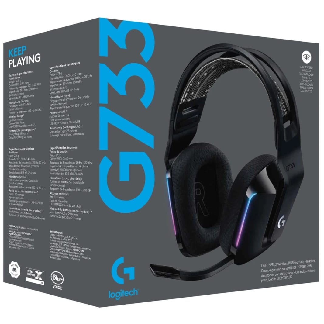 Logitech G733 LightSpeed Wireless Headset w/ Suspension Headband Lightsync RGB & Blue VOiCE MIC Technology