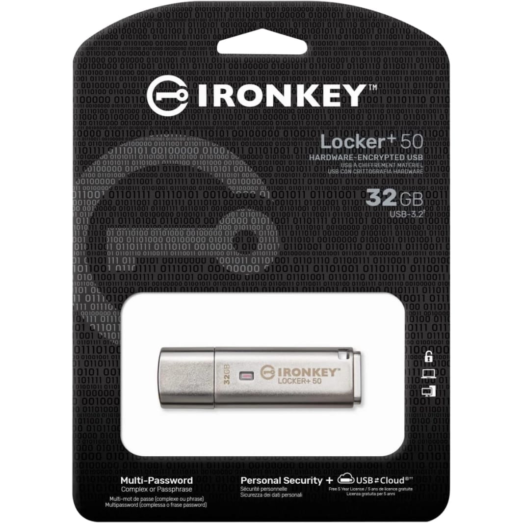 Kingston Ironkey Locker+ 50 32GB Encrypted Flash Drive USB 3.2 XTS-AES Protection Multi-Password Security Options  Automatic Cloud Backup Metal Casing