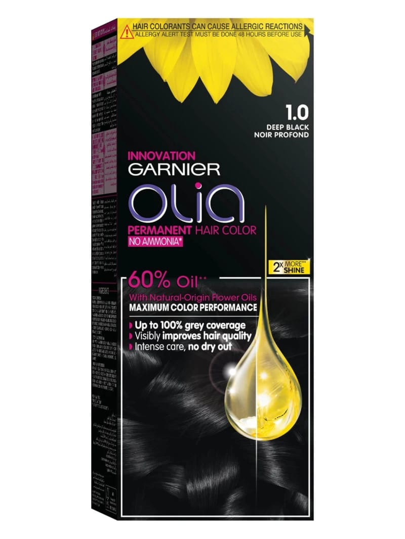 Garnier 1.0 Deep Black, No Ammonia Permanent Haircolor, with 60% Oils