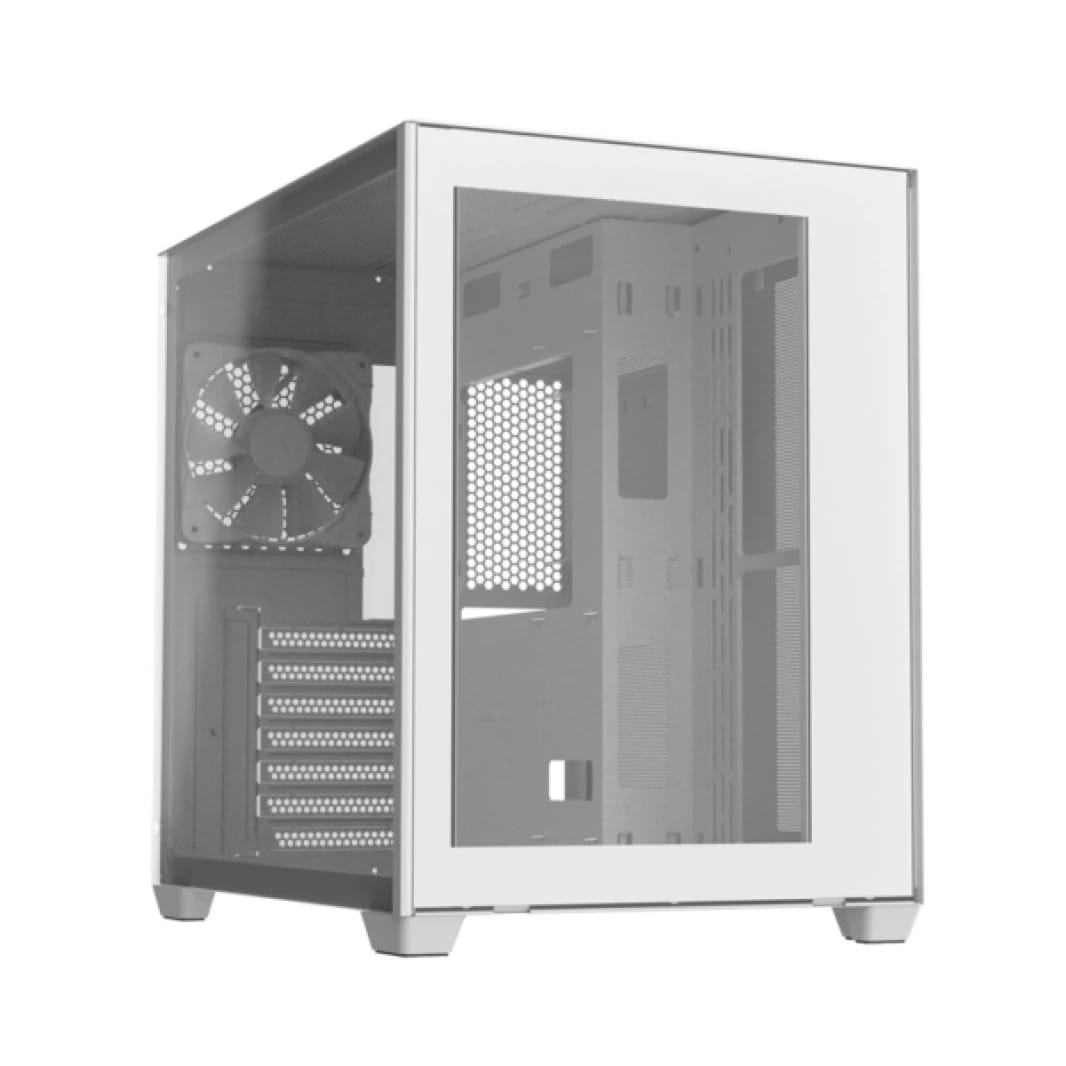 علبة ألعاب FSP CMT380 CUBE (مروحة 3*120 مم) - بيضاء (تصميم مزدوج الحجرة/زجاج مقوى مزدوج)FSP