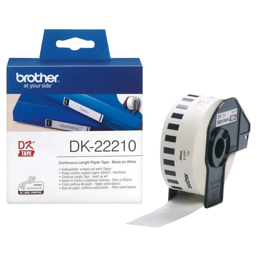 شريط ورقي مستمر أصلي من Brother DK-22210 مقاس 29 مم × 30.48 م باللون الأسود على الأبيض