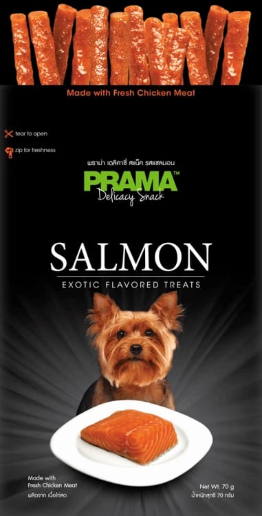 مكافآت الكلاب بنكهة السلمون من PRAMA (70 جرامًا) مصنوعة من لحم الدجاج الطازج