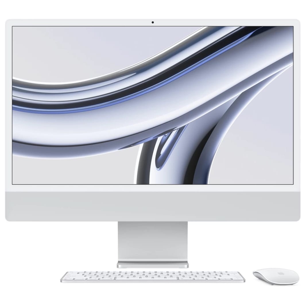 كمبيوتر سطح المكتب Apple iMac All-In-One (2021) وحدة معالجة مركزية Apple M1 ثماني النواة ووحدة معالجة رسومية ثماني النواة (256 جيجابايت/8 جيجابايت) مع شاشة Retina مقاس 24 بوصة بدقة 4.5K - فضي