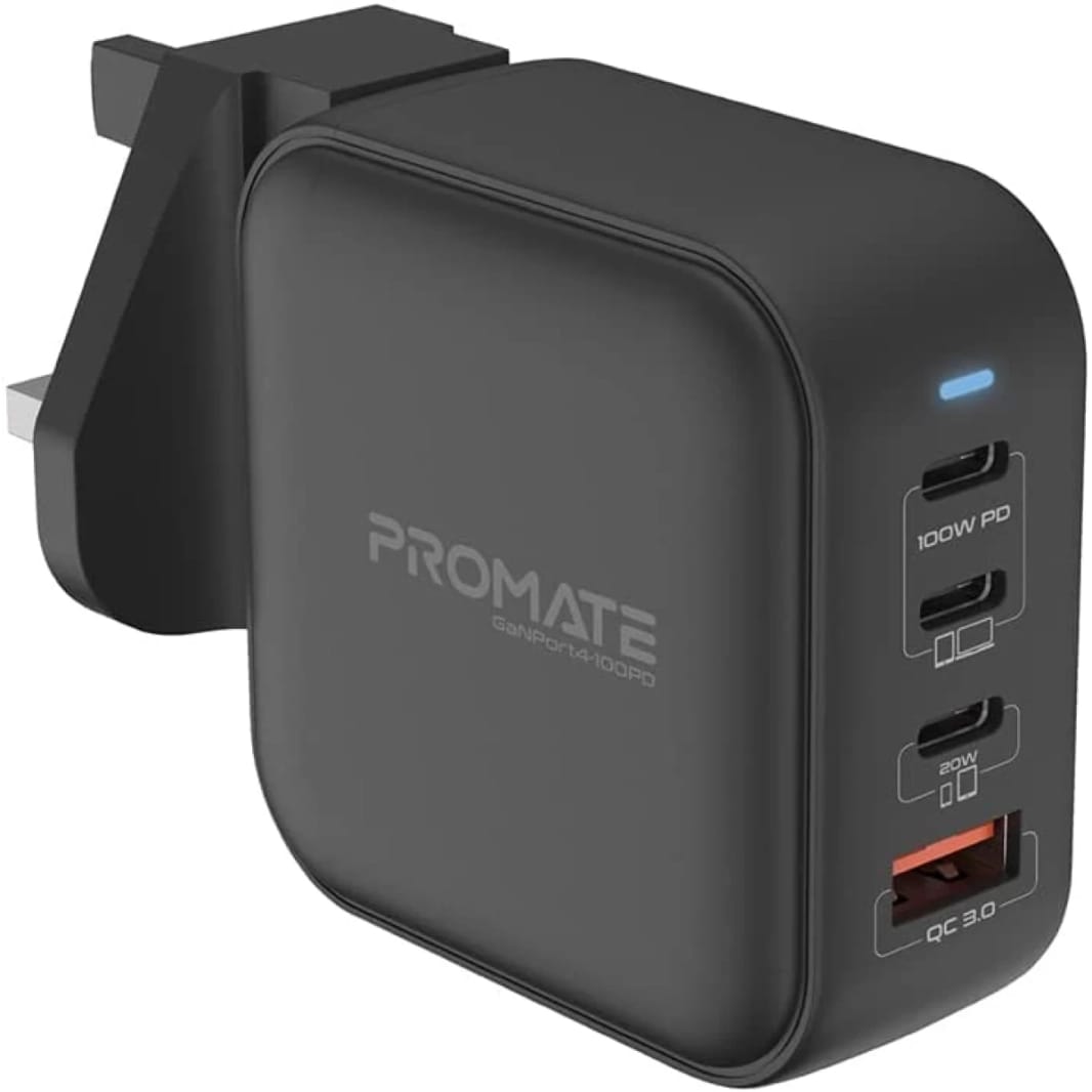 شاحن Promate GaNPort4-100PD USB-C بتقنية GaN بقدرة 100 وات وشاحن سريع مزدوج من النوع C مع منفذ USB-C بقدرة 20 وات ومنفذ QC 3.0 بقدرة 18 وات