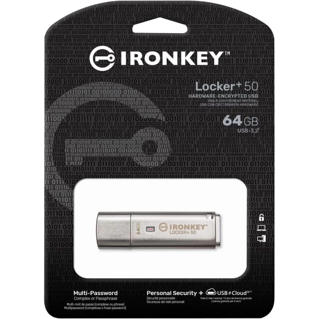 Kingston Ironkey Locker+ 50 64GB Encrypted Flash Drive USB 3.2 XTS-AES Protection Multi-Password Security Options  Automatic Cloud Backup Metal Casing