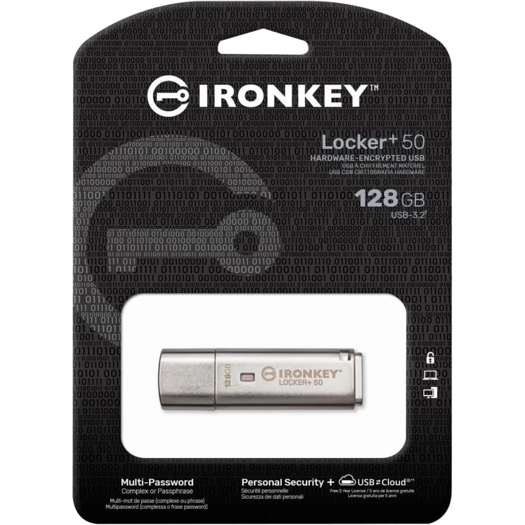 Kingston Ironkey Locker+ 50 128GB Encrypted Flash Drive USB 3.2 XTS-AES Protection Multi-Password Security Options  Automatic Cloud Backup Metal Casing