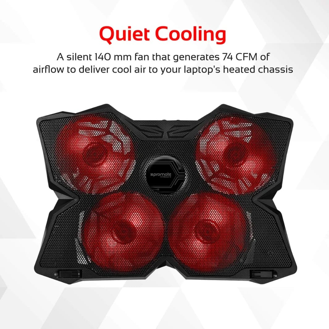 Promate Gaming Laptop Cooling Pad, Ergonomic Up to 17"  High-Speed Laptop Cooling Pad with 4 Silent Cooling Fan, Dual USB Port, AirBase-3 Black