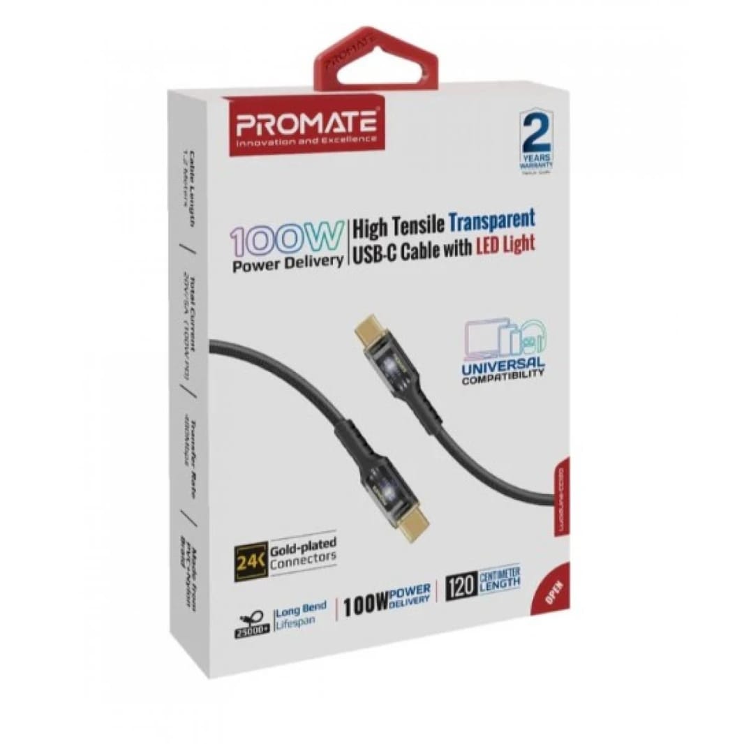 Promate USB-C™ to USB-C™ Cable, Fast-Charging 100W Power Delivery with Transparent Tips, LED, 480Mbps Data Sync, 120cm Nylon Braided Cord for Smartphones, Laptops