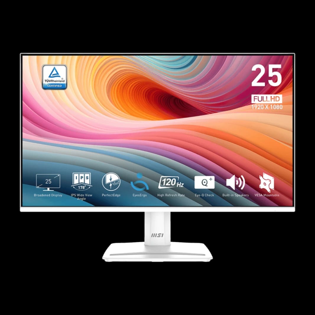 شاشة MSI PRO MP251 E2 مقاس 24.5 بوصة IPS بدقة 1920 × 1080 (FHD)، 120 هرتز، مزامنة متكيفة، جاهزة لـ HDR، منفذ HDMI، منفذ VGA، منفذ DisplayPort، قابلة للتركيب على حامل VESA - أبيض