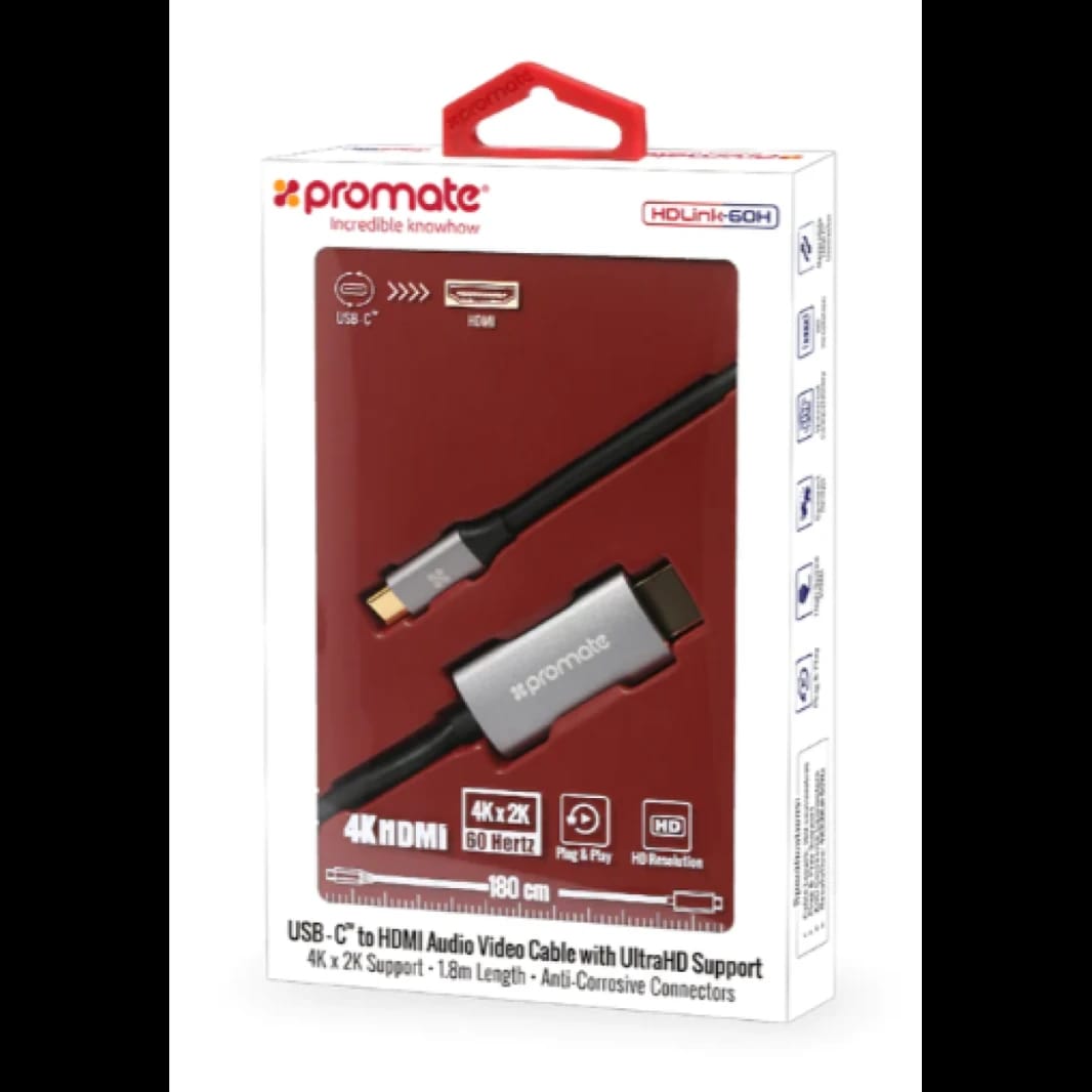 Promate HDLink-60H USB C to HDMI Cable Adapter (Thunderbolt 3 Compatible), High-Speed HDMI 1.8m Cable with 4K 60Hz UHD Support - 2 Year Warranty