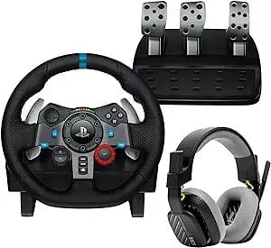 عجلة القيادة ودواسات السباق Logitech G29 Driving Force، Force Feedback، جلد طبيعي + سماعة رأس سلكية ASTRO A10 Gen 2 - لـ PS5، PS4، الكمبيوتر الشخصي، Mac - أسود