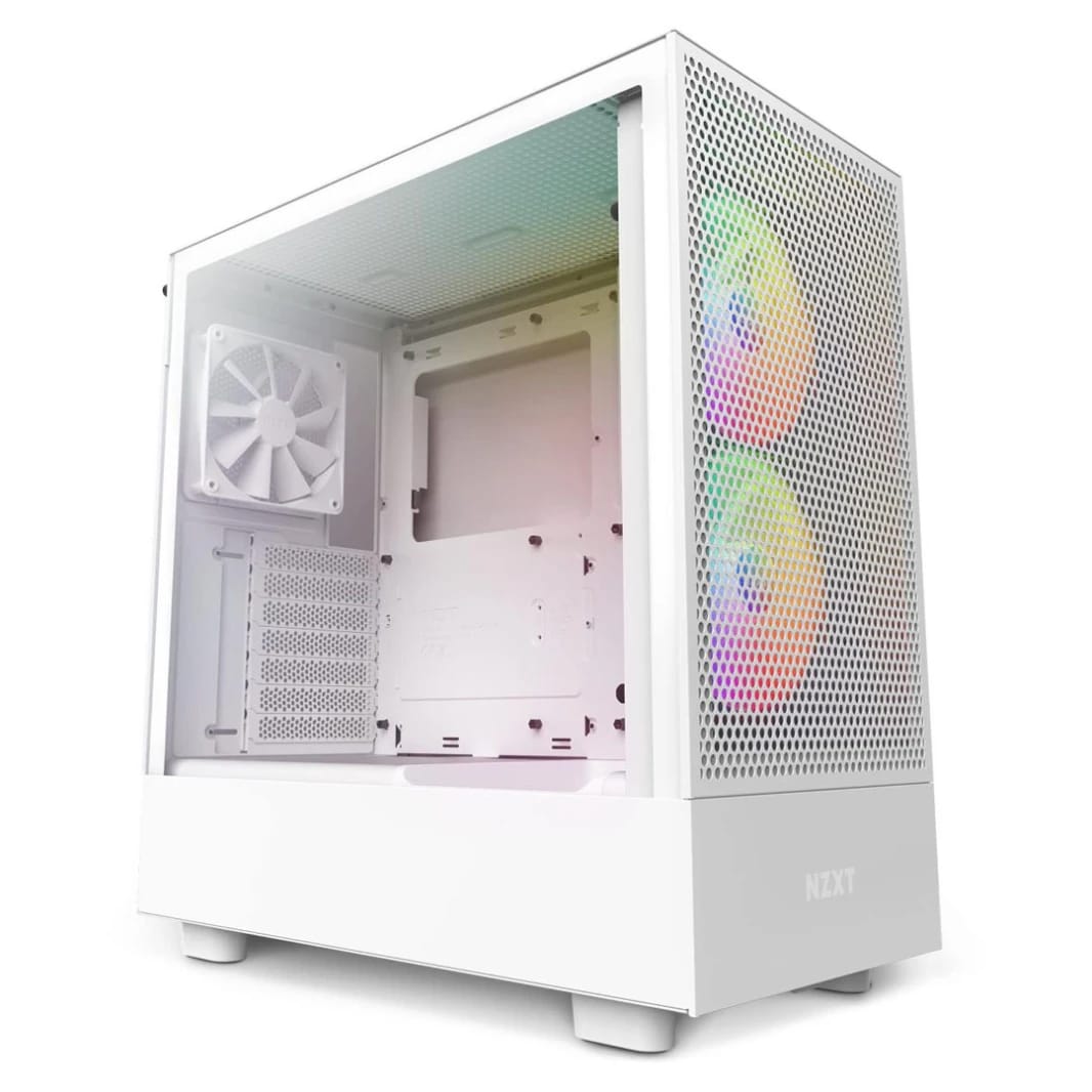 حافظة ألعاب NZXT H5 Flow RGB ATX من الزجاج المقسّى متوسطة الحجم - لون أبيض غير لامع