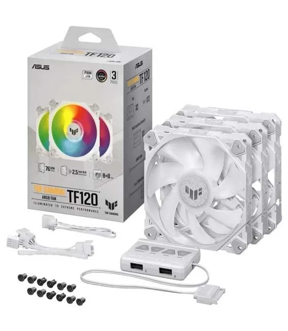 ASUS TUF GAMING TF120 ARGB TRIPLE FAN KIT W/ CONTROLLER 3PIN LEDS BLADE 120MM PWM CONTROL FOR COMPUTER -WHITE