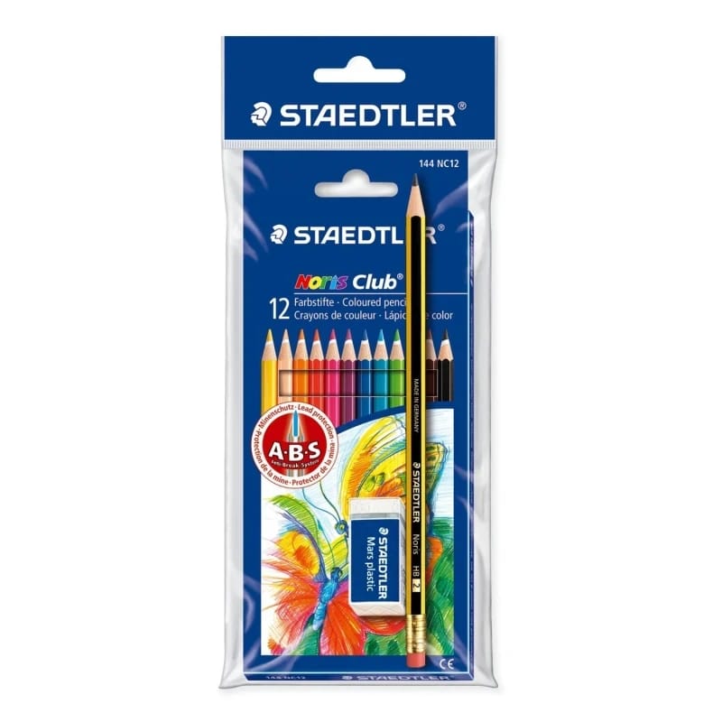 Staedtler Noris Club 144 قلم رصاص ملون، 12 لوناً وقلم Noris مع ممحاة صغيرة من Mars
