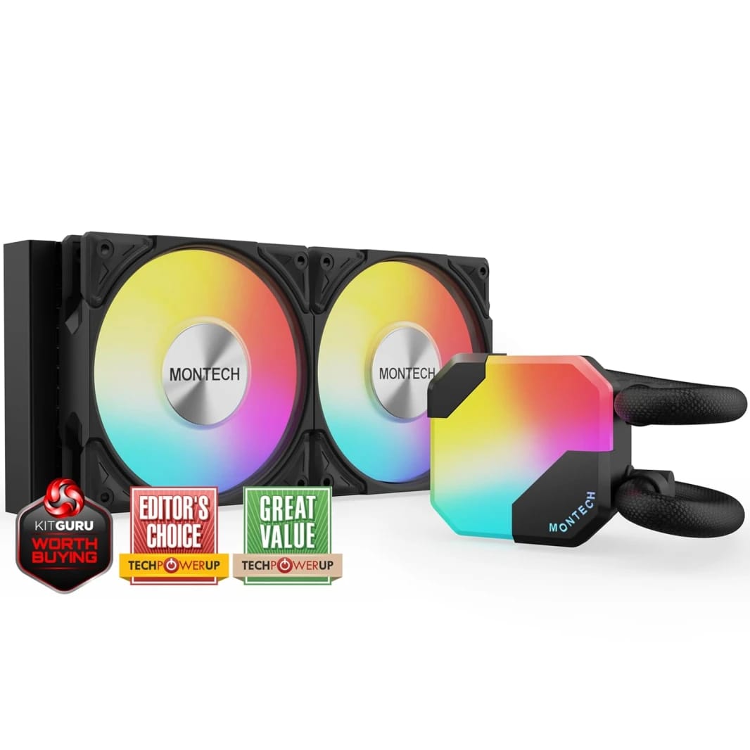 Montech Hyperflow Argb 240 - AIO CPU Cowner Cooler ، Intel & AMD متوافق | محسّن 3100 دورة في الدقيقة مضخة مياه تصميم رائع - أسود