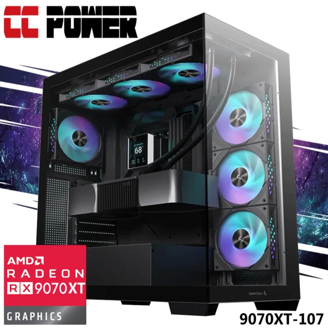 كمبيوتر الألعاب CC Power 9070XT-107 بمعالج إنتل Core i9 من الجيل الرابع عشر، 24 نواة مع بطاقة رسومات AMD Radeon RX 9070 XT سعة 16 جيجابايت ومبرد سائل