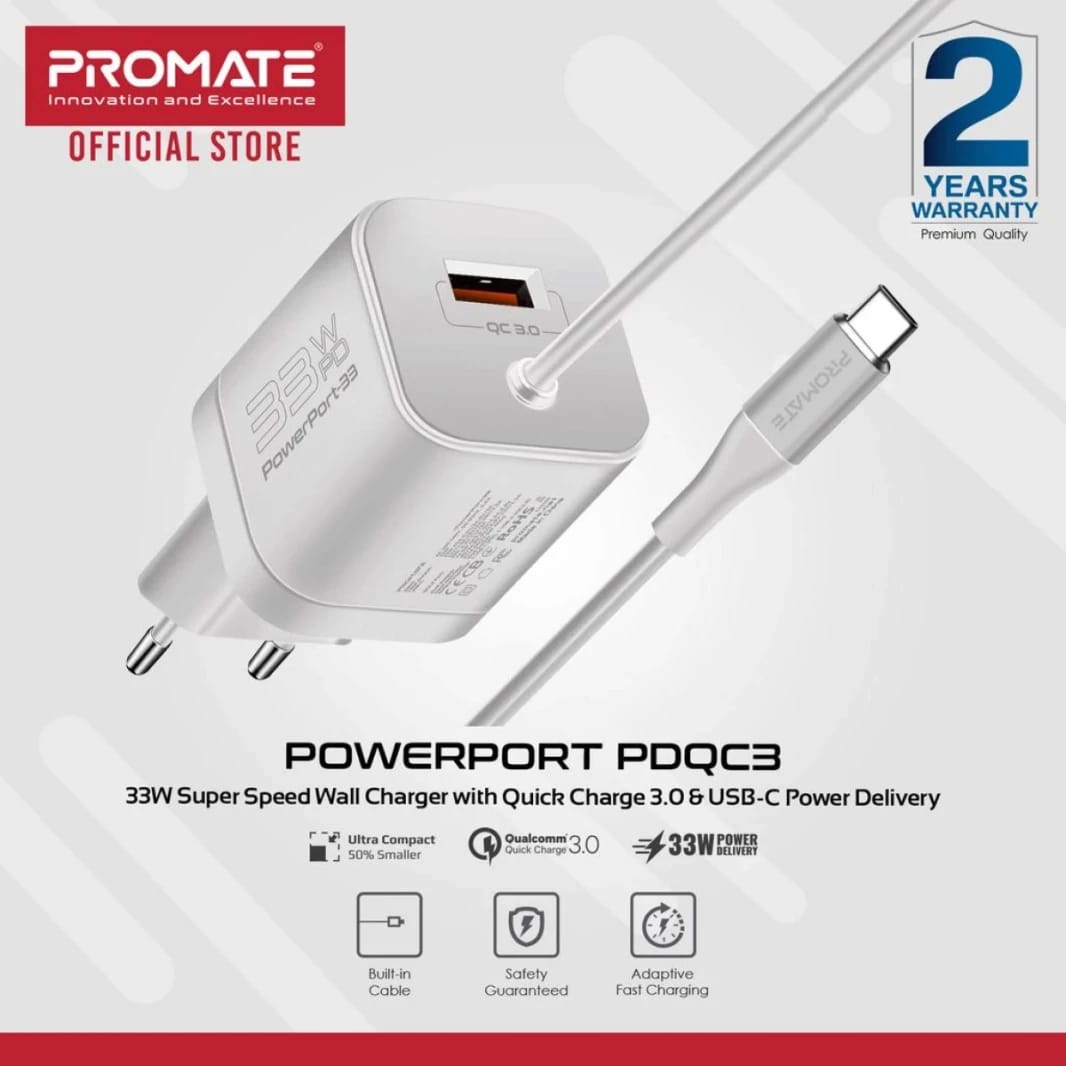 شاحن بروميت PowerPort-PDQC3 USB-C فائق القوة 33 واط مع منفذ شحن سريع 3.0 بقدرة 22.5 واط وكابل تايب سي 1.5 متر بمقبس أوروبي - أبيض