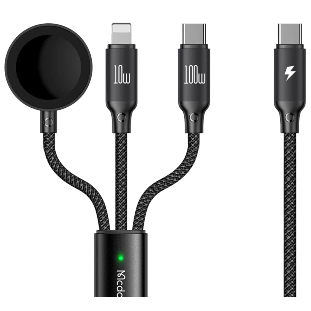 Mcdodo CA-4940 3 in 1 Charging Cable USB Type-C to Type-C + Lightning PD + Apple Watch Wireless Charger, 1.2m - Black