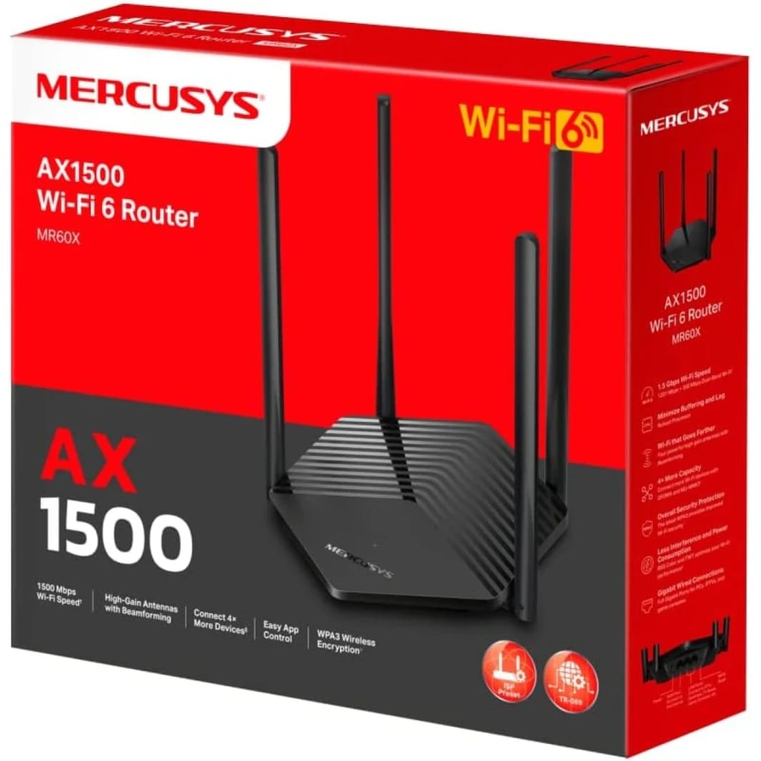 Mercusys MR60X AX1500 Wi-Fi 6 Router, Dual-Band, Wired/ Wireless, OFDMA, MU-MIMO, 4 High-Gain Antennas, Gigabit Ports, Smart Connect, WPA3 Security, Power Saving, Parental Control, Guest Network