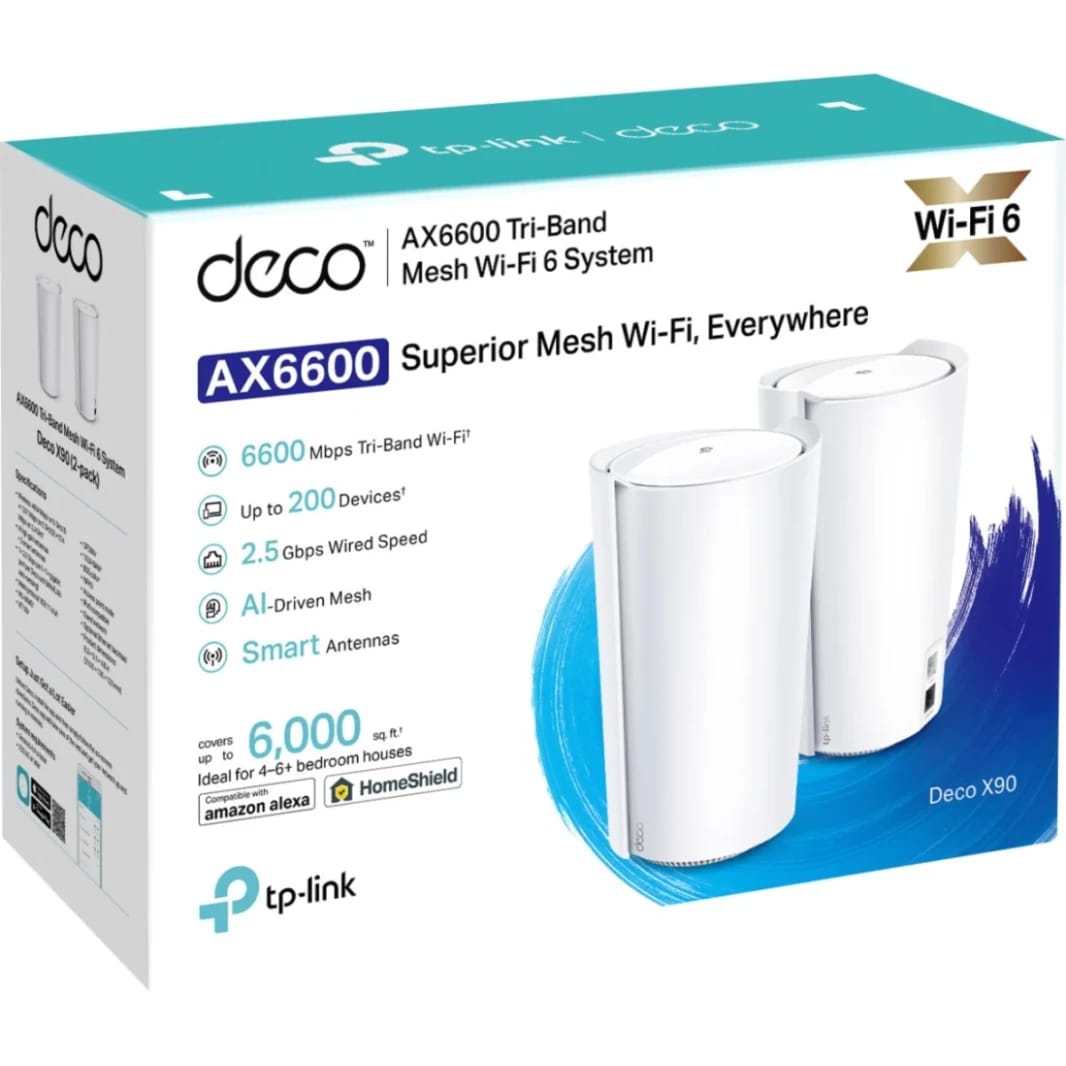 TP-Link DECO X90 AX6600 DECO TRI-Band WiFi 6 Mesh System-يغطي ما يصل إلى 6000 قدم مربع ، ويحل محل أجهزة التوجيه والممتدات ، والهوائيات ذات الذكاء الذكي (2 حزمة)