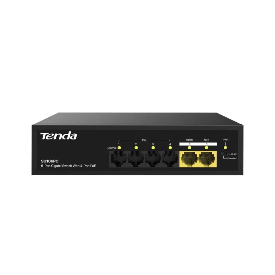 Tenda SG106PC 4-PORT GIGABIT POE SWITCH مع 2-PORT GIGABIT UPLINK 802.3AF COMPLIANT 45W مقالة معدنية غير مُدارة