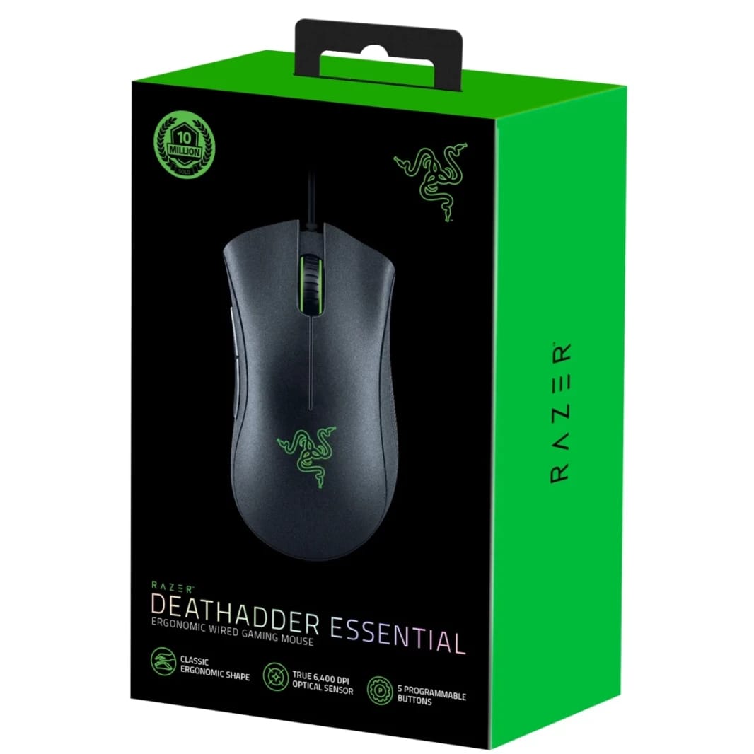 Razer DeathAdder Essential Gaming Mouse 6400 DPI Optical Sensor - 5 Programmable Buttons - Mechanical Switches - Rubber Side Grips - Classic Black