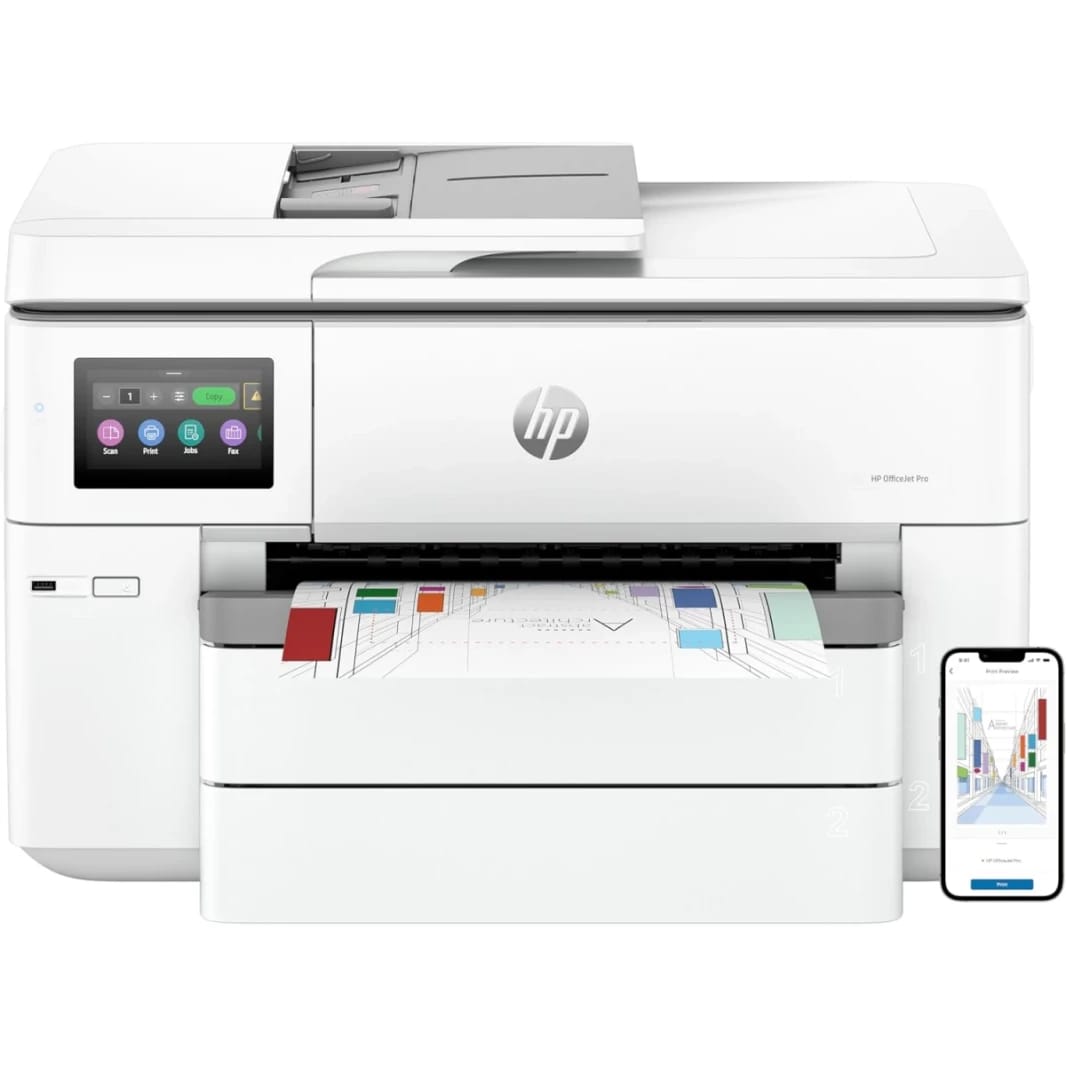 طابعة HP OfficeJet Pro 9730 الكل في واحد ملونة للتنسيقات العريضة مقاس A3، مع طباعة لاسلكية ووحدة تغذية تلقائية للمستندات (ADF) وطباعة على الوجهين
