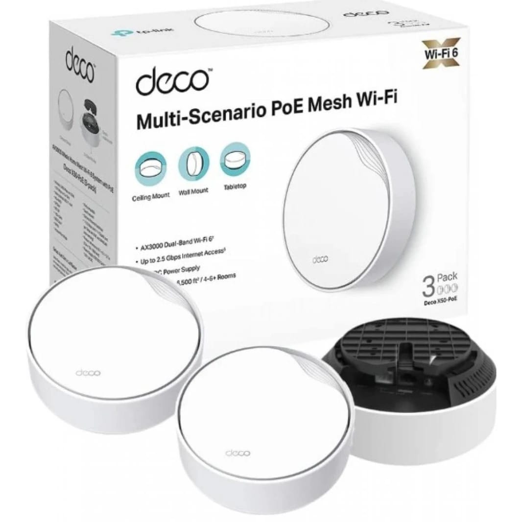 TP-Link Deco AX3000 PoE Mesh WiFi(Deco X50-PoE), Ceiling/Wall-Mountable WiFi 6 Mesh, Replacing WiFi Router, Access Point and Range Extender, PoE-Powered, 2 PoE Ports(1 x 2.5G, 1 x Gigabit), 3-Pack