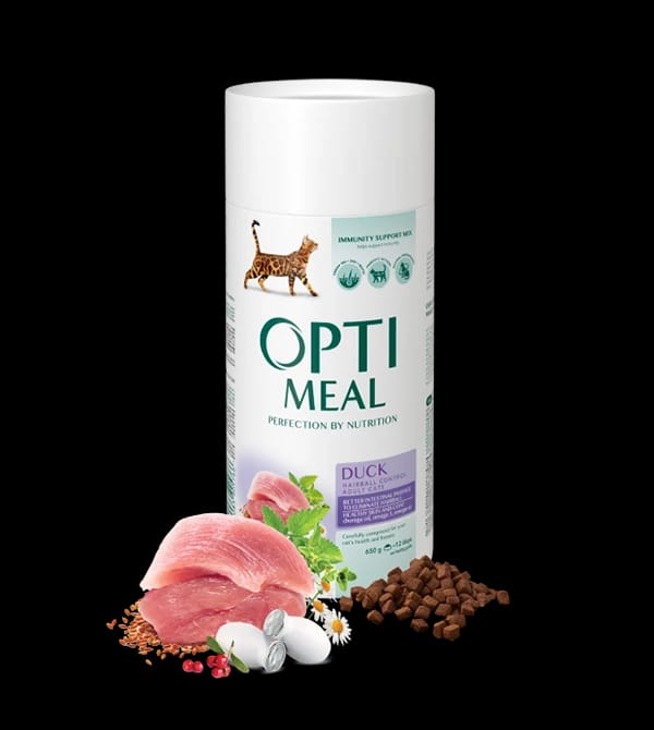 Opti وجبة القطط البالغة للقطرات الشعر البطة 650 جم